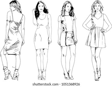 vector drawings on the theme of beautiful slim sporty girl in casual clothes in various poses painted ink hand sketch with no background
