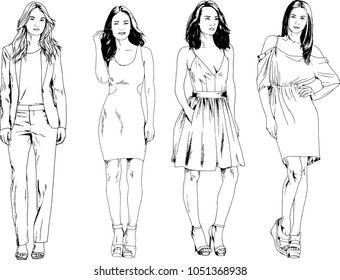 vector drawings on the theme of beautiful slim sporty girl in casual clothes in various poses painted ink hand sketch with no background
