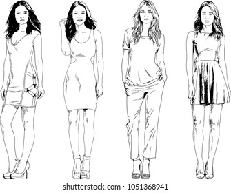 vector drawings on the theme of beautiful slim sporty girl in casual clothes in various poses painted ink hand sketch with no background
