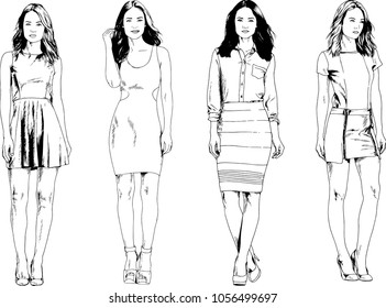 vector drawings on the theme of beautiful slim sporty girl in casual clothes in various poses painted ink hand sketch with no background
