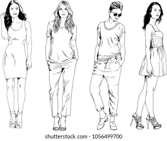 vector drawings on the theme of beautiful slim sporty girl in casual clothes in various poses painted ink hand sketch with no background
