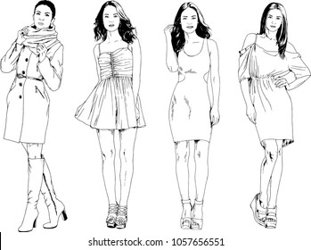vector drawings on the theme of beautiful slim sporty girl in casual clothes in various poses painted ink hand sketch with no background
