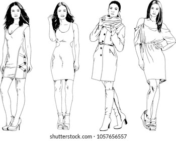 vector drawings on the theme of beautiful slim sporty girl in casual clothes in various poses painted ink hand sketch with no background
