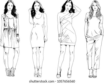 vector drawings on the theme of beautiful slim sporty girl in casual clothes in various poses painted ink hand sketch with no background
