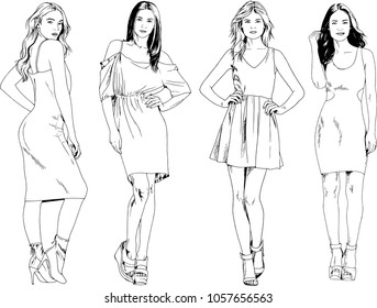 vector drawings on the theme of beautiful slim sporty girl in casual clothes in various poses painted ink hand sketch with no background
