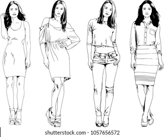 vector drawings on the theme of beautiful slim sporty girl in casual clothes in various poses painted ink hand sketch with no background
