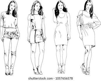 vector drawings on the theme of beautiful slim sporty girl in casual clothes in various poses painted ink hand sketch with no background
