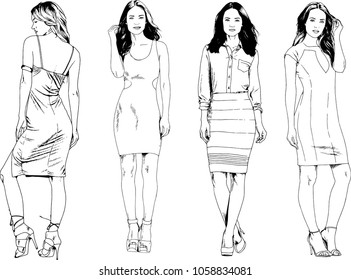 vector drawings on the theme of beautiful slim sporty girl in casual clothes in various poses painted ink hand sketch with no background
