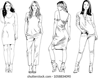 vector drawings on the theme of beautiful slim sporty girl in casual clothes in various poses painted ink hand sketch with no background

