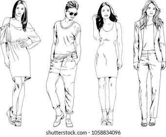 vector drawings on the theme of beautiful slim sporty girl in casual clothes in various poses painted ink hand sketch with no background
