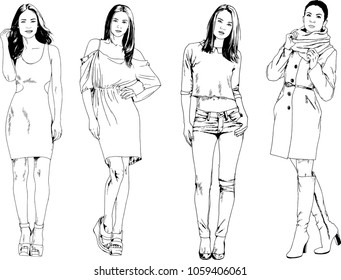 vector drawings on the theme of beautiful slim sporty girl in casual clothes in various poses painted ink hand sketch with no background
