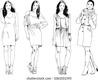 vector drawings on the theme of beautiful slim sporty girl in casual clothes in various poses painted ink hand sketch with no background
