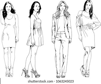 vector drawings on the theme of beautiful slim sporty girl in casual clothes in various poses painted ink hand sketch with no background

