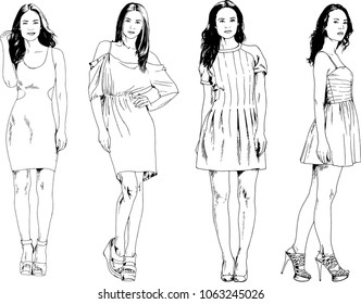vector drawings on the theme of beautiful slim sporty girl in casual clothes in various poses painted ink hand sketch with no background
