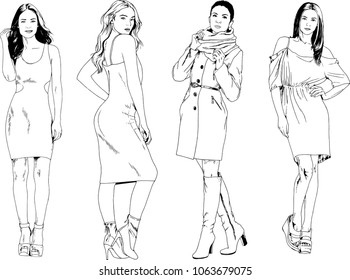 vector drawings on the theme of beautiful slim sporty girl in casual clothes in various poses painted ink hand sketch with no background

