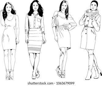 vector drawings on the theme of beautiful slim sporty girl in casual clothes in various poses painted ink hand sketch with no background
