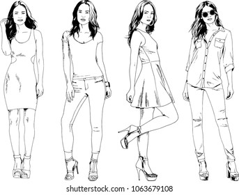vector drawings on the theme of beautiful slim sporty girl in casual clothes in various poses painted ink hand sketch with no background
