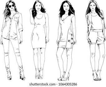 vector drawings on the theme of beautiful slim sporty girl in casual clothes in various poses painted ink hand sketch with no background
