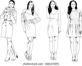 vector drawings on the theme of beautiful slim sporty girl in casual clothes in various poses painted ink hand sketch with no background
