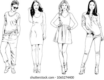 vector drawings on the theme of beautiful slim sporty girl in casual clothes in various poses painted ink hand sketch with no background
