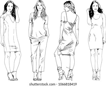 vector drawings on the theme of beautiful slim sporty girl in casual clothes in various poses painted ink hand sketch with no background
