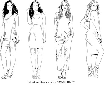 vector drawings on the theme of beautiful slim sporty girl in casual clothes in various poses painted ink hand sketch with no background

