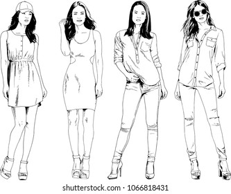 vector drawings on the theme of beautiful slim sporty girl in casual clothes in various poses painted ink hand sketch with no background
