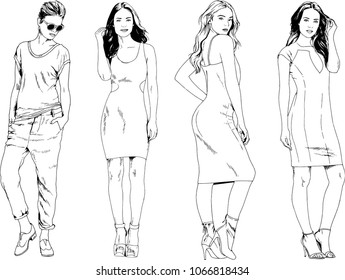 vector drawings on the theme of beautiful slim sporty girl in casual clothes in various poses painted ink hand sketch with no background

