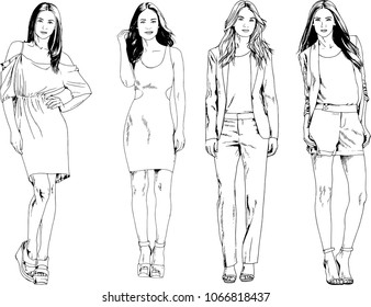 vector drawings on the theme of beautiful slim sporty girl in casual clothes in various poses painted ink hand sketch with no background
