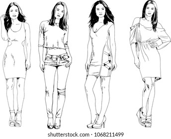 vector drawings on the theme of beautiful slim sporty girl in casual clothes in various poses painted ink hand sketch with no background
