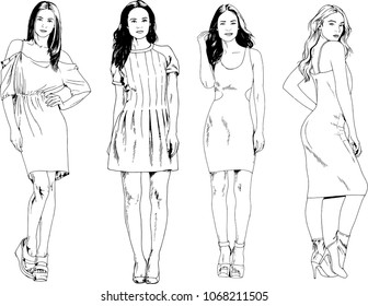 vector drawings on the theme of beautiful slim sporty girl in casual clothes in various poses painted ink hand sketch with no background
