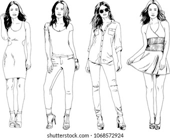 vector drawings on the theme of beautiful slim sporty girl in casual clothes in various poses painted ink hand sketch with no background
