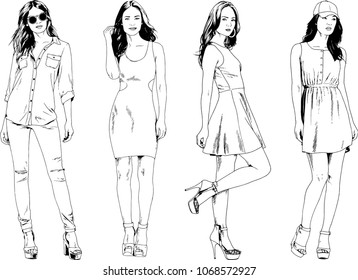 vector drawings on the theme of beautiful slim sporty girl in casual clothes in various poses painted ink hand sketch with no background
