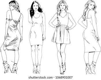 vector drawings on the theme of beautiful slim sporty girl in casual clothes in various poses painted ink hand sketch with no background
