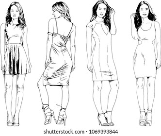 vector drawings on the theme of beautiful slim sporty girl in casual clothes in various poses painted ink hand sketch with no background
