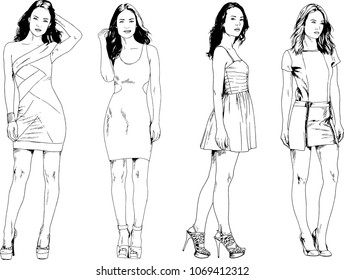vector drawings on the theme of beautiful slim sporty girl in casual clothes in various poses painted ink hand sketch with no background
