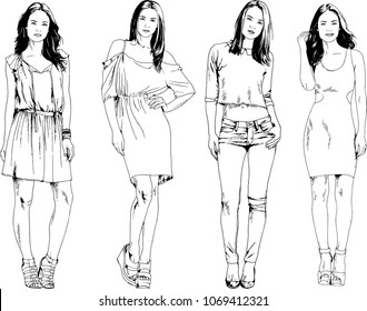 vector drawings on the theme of beautiful slim sporty girl in casual clothes in various poses painted ink hand sketch with no background
