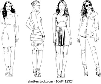 vector drawings on the theme of beautiful slim sporty girl in casual clothes in various poses painted ink hand sketch with no background
