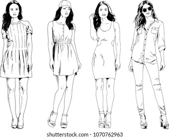 vector drawings on the theme of beautiful slim sporty girl in casual clothes in various poses painted ink hand sketch with no background
