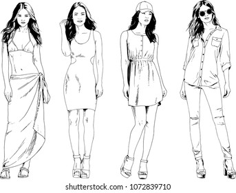 vector drawings on the theme of beautiful slim sporty girl in casual clothes in various poses painted ink hand sketch with no background

