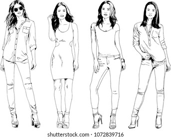 vector drawings on the theme of beautiful slim sporty girl in casual clothes in various poses painted ink hand sketch with no background
