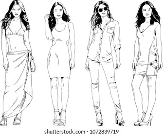 vector drawings on the theme of beautiful slim sporty girl in casual clothes in various poses painted ink hand sketch with no background
