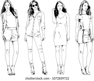 vector drawings on the theme of beautiful slim sporty girl in casual clothes in various poses painted ink hand sketch with no background
