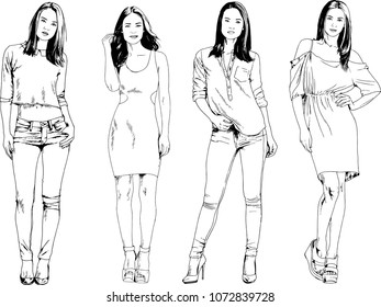 vector drawings on the theme of beautiful slim sporty girl in casual clothes in various poses painted ink hand sketch with no background
