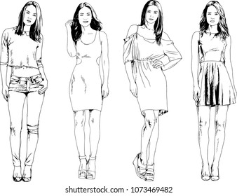 vector drawings on the theme of beautiful slim sporty girl in casual clothes in various poses painted ink hand sketch with no background
