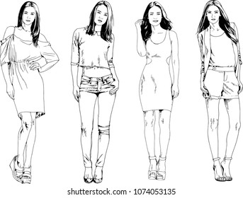 vector drawings on the theme of beautiful slim sporty girl in casual clothes in various poses painted ink hand sketch with no background
