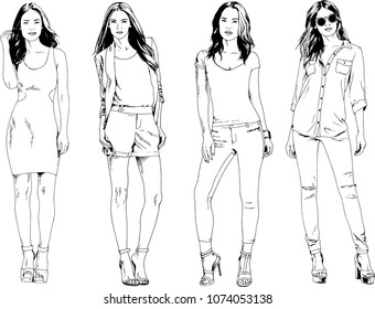 vector drawings on the theme of beautiful slim sporty girl in casual clothes in various poses painted ink hand sketch with no background
