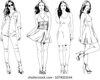 vector drawings on the theme of beautiful slim sporty girl in casual clothes in various poses painted ink hand sketch with no background
