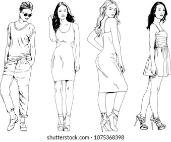 vector drawings on the theme of beautiful slim sporty girl in casual clothes in various poses painted ink hand sketch with no background
