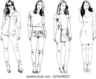 vector drawings on the theme of beautiful slim sporty girl in casual clothes in various poses painted ink hand sketch with no background

